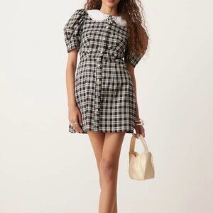 Sister Jane Black & Cream Plaid Puff-Sleeve Mini Dress
